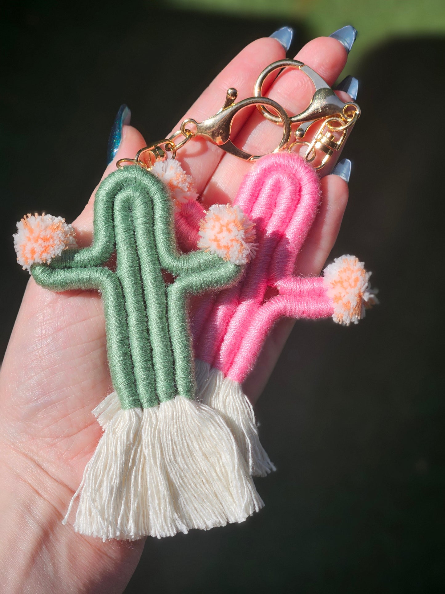 Handmade cactus keychains. boho desert style macrame keychain gift for her.