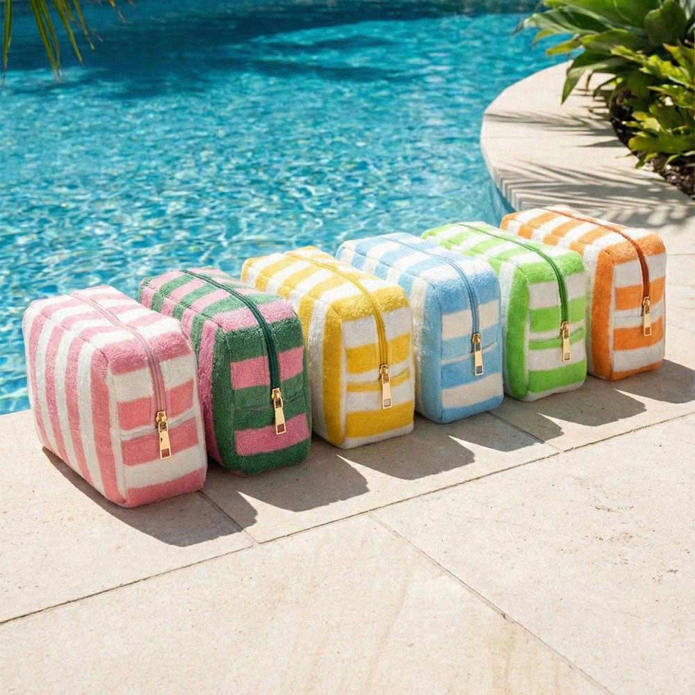 Striped Terry Cloth Cosmetic Pouch Bag in Pink