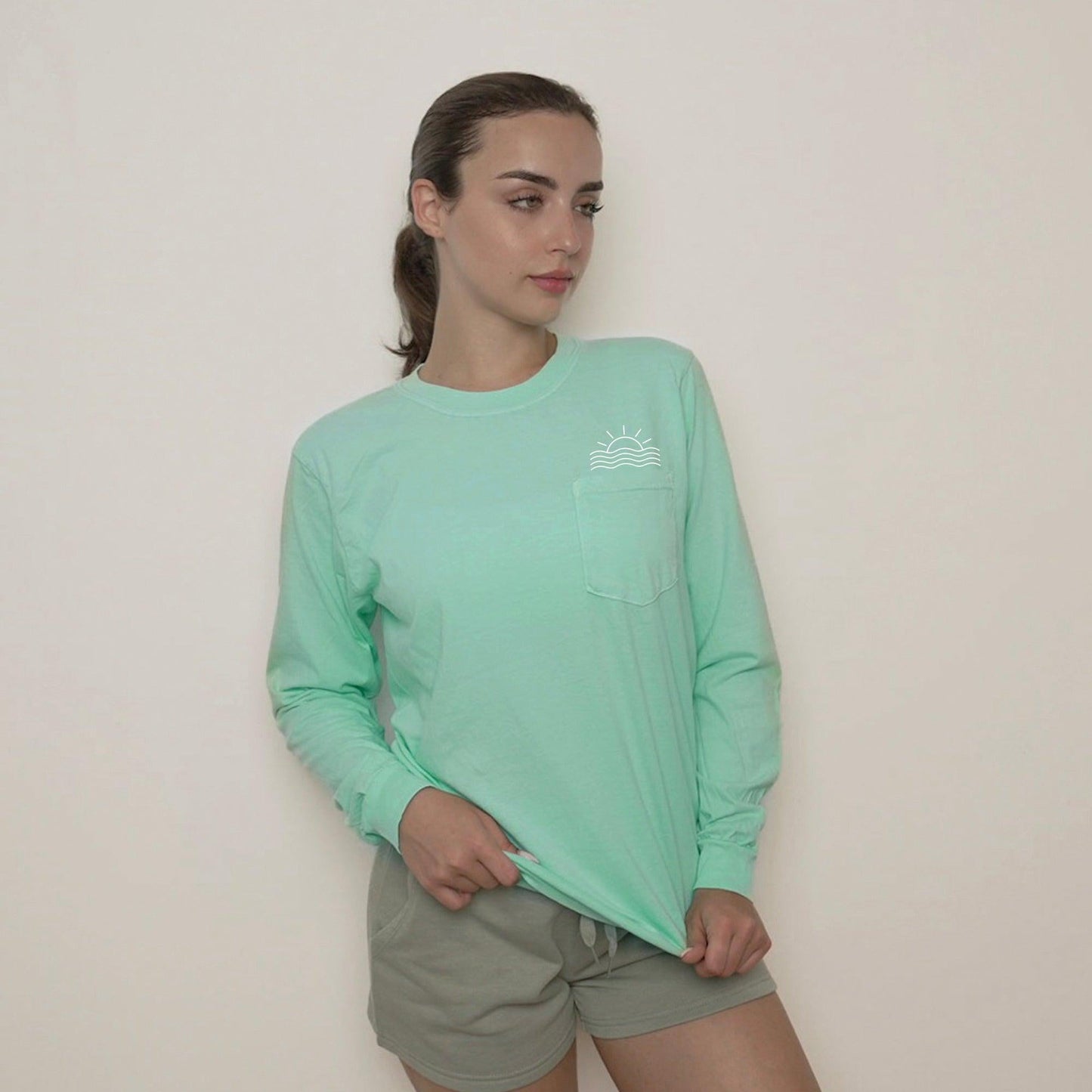 Sun & Wave Lake Beach Vacation Pocket Comfort Colors Long Sleeve Shirt