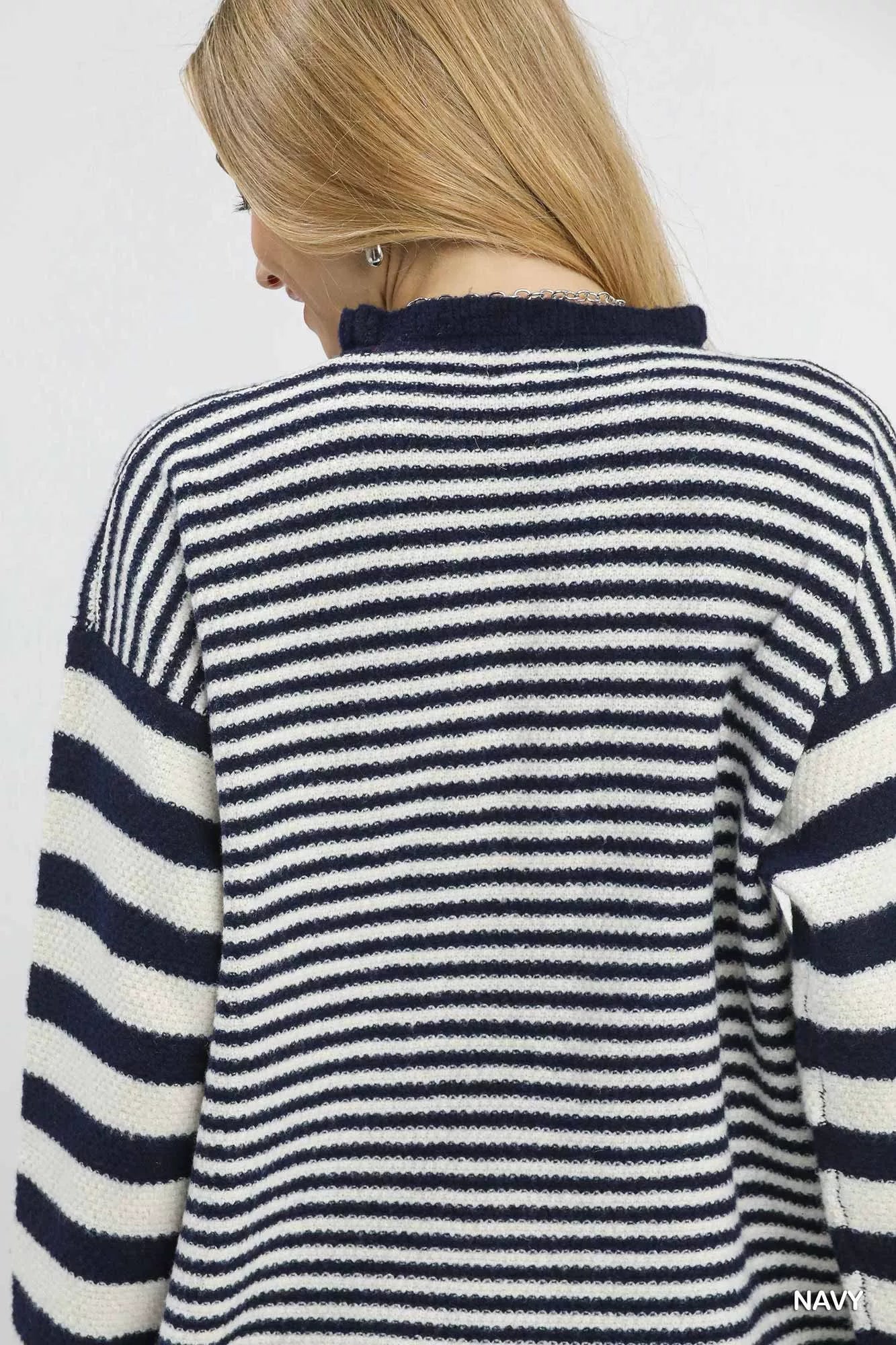 Umgee Ruffle Neck Stripe Sweater