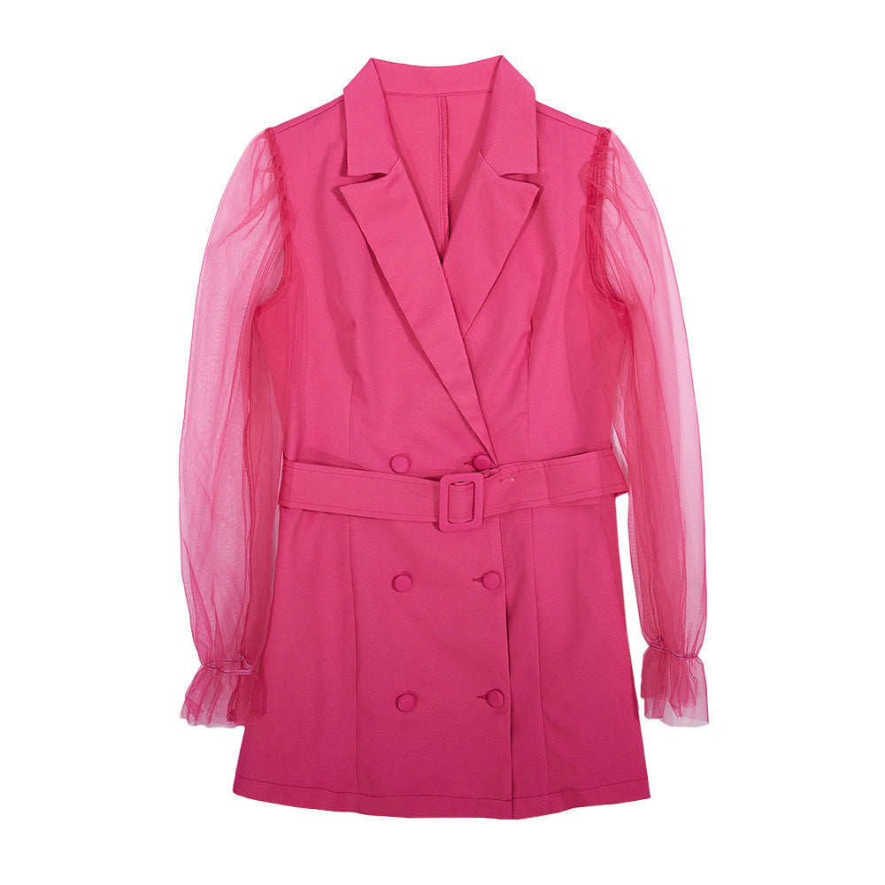 Bubblegum Boss Blazer Dress - Timeless Sophistication With Lantern Sleeve And Smooth Polyester