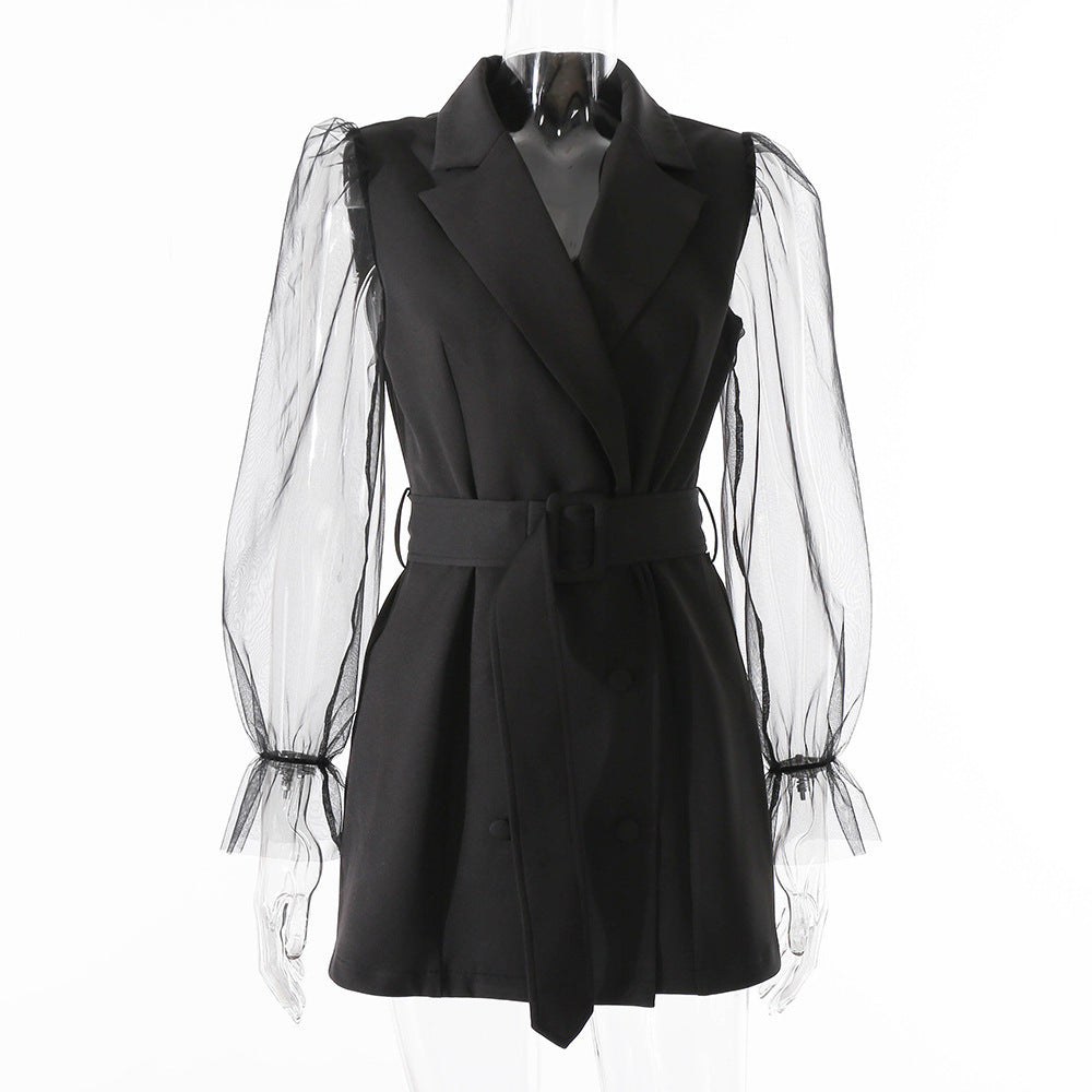 Bubblegum Boss Blazer Dress - Timeless Sophistication With Lantern Sleeve And Smooth Polyester