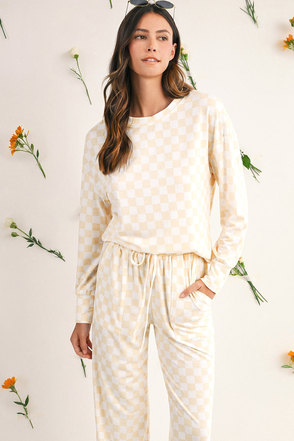 Beige Checkered Print Long Sleeve Loose Fit Pajama Set