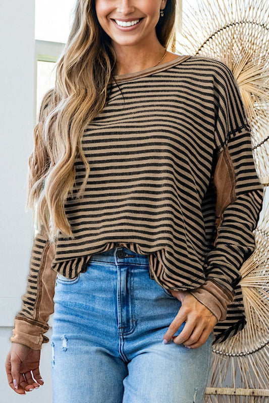 Khaki Stripe Thermal Knit Drop Shoulder Casual Top