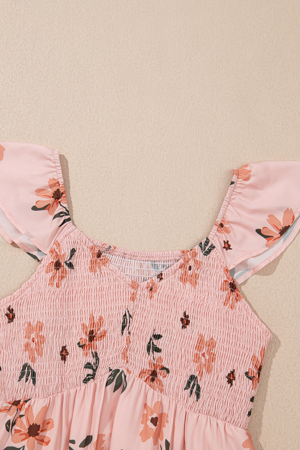 Pink Floral V Neck Smocked High Waist Ruffle Hem Maxi Dress