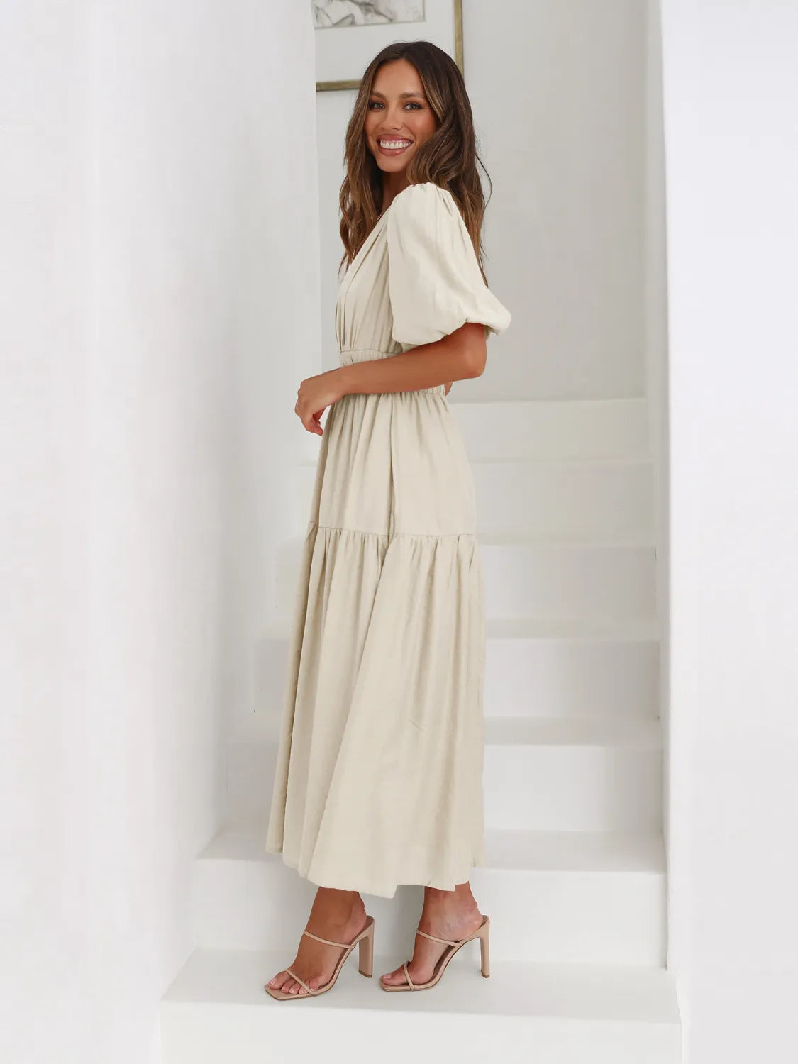 Tiered Surplice Half Sleeve Midi Dress