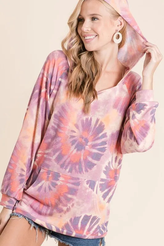 BiBi Circular Tie Dye Print Terry Hoodie with Kangaroo