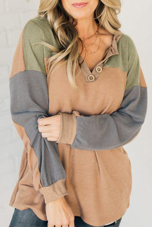 Buckskin Color Block Thermal Textured Knit Drop Shoulder Henley Top