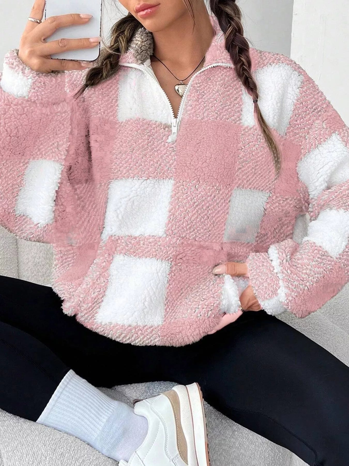 Full Size Plaid Sherpa Long Sleeve Sweatshirt Plus Size
