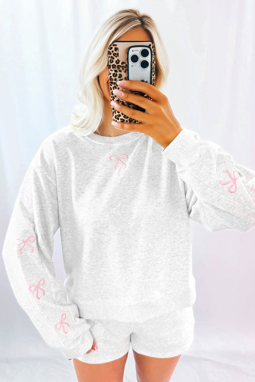 Sachet Pink Girly Bow Embroidered Detail Puff Sleeve Pullover 2pcs Short Set