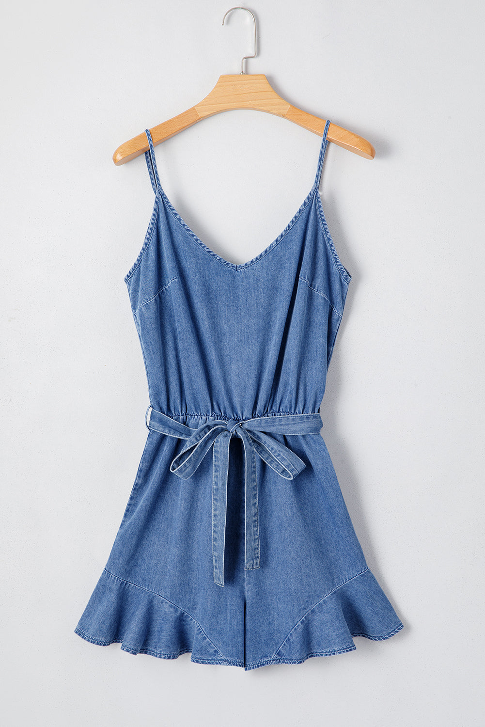 Ashleigh Blue Spaghetti Straps V Neck Belted Ruffled Leg Chambray Romper