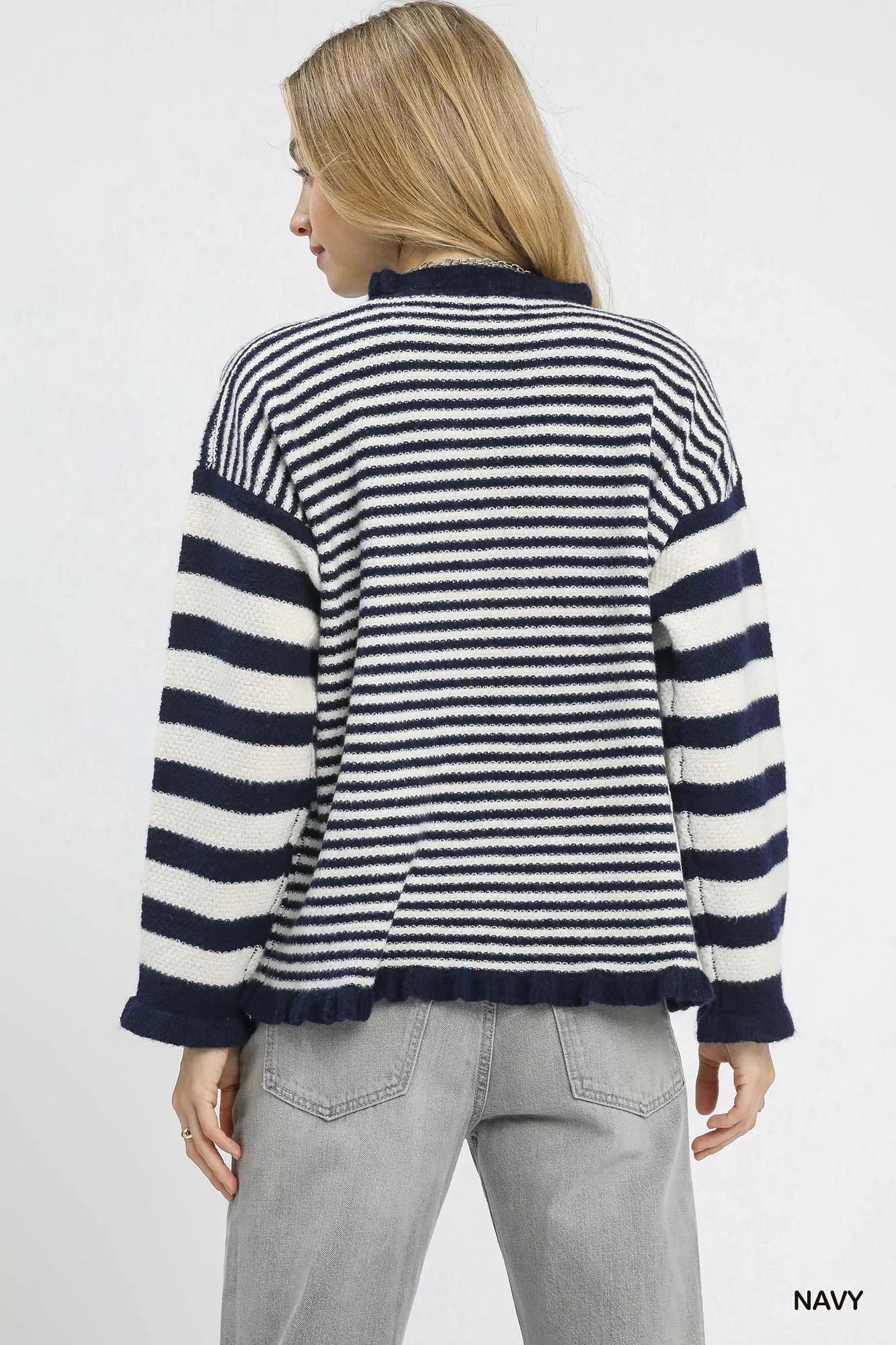 Umgee Ruffle Neck Stripe Sweater