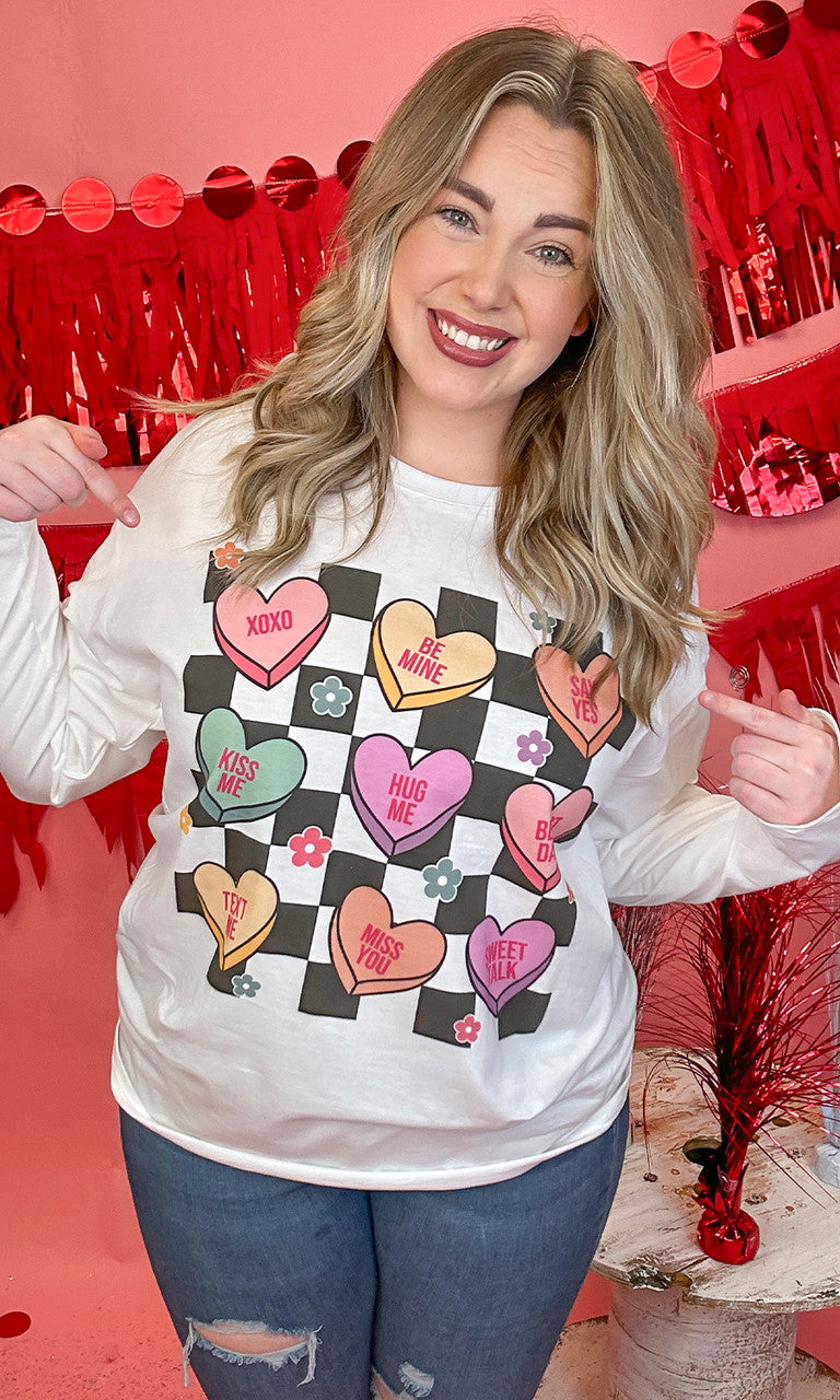 Checkerboard Conversation Hearts Boyfriend Long Sleeve