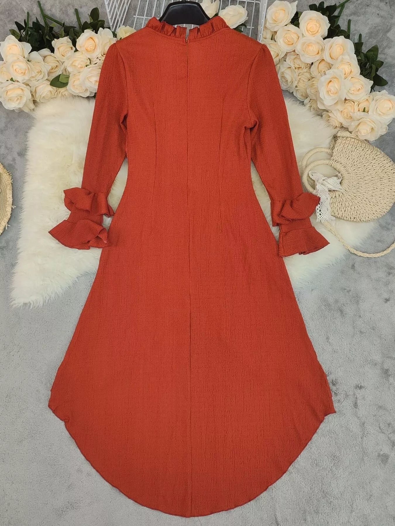 Ruffled High-Low Long Sleeve Dress