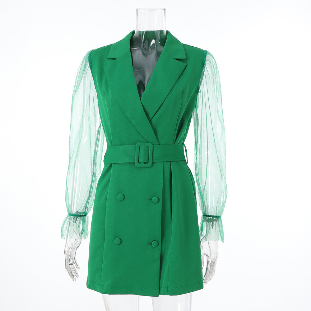 Bubblegum Boss Blazer Dress - Timeless Sophistication With Lantern Sleeve And Smooth Polyester