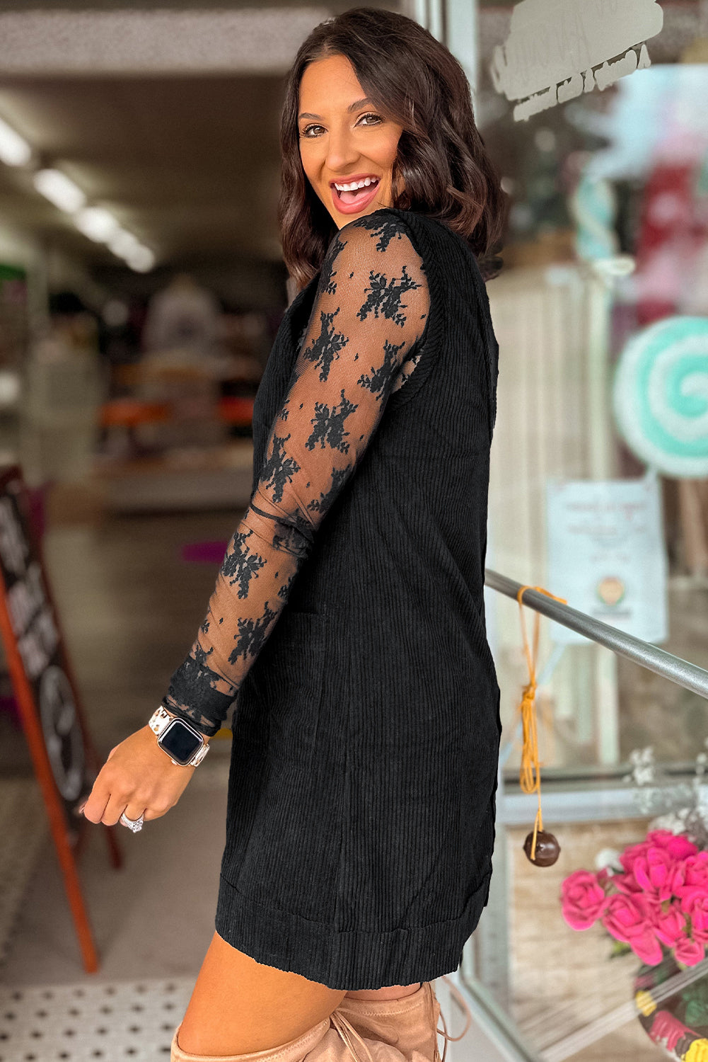 Black Corduroy Exposed Seam Sleeveless Mini Dress