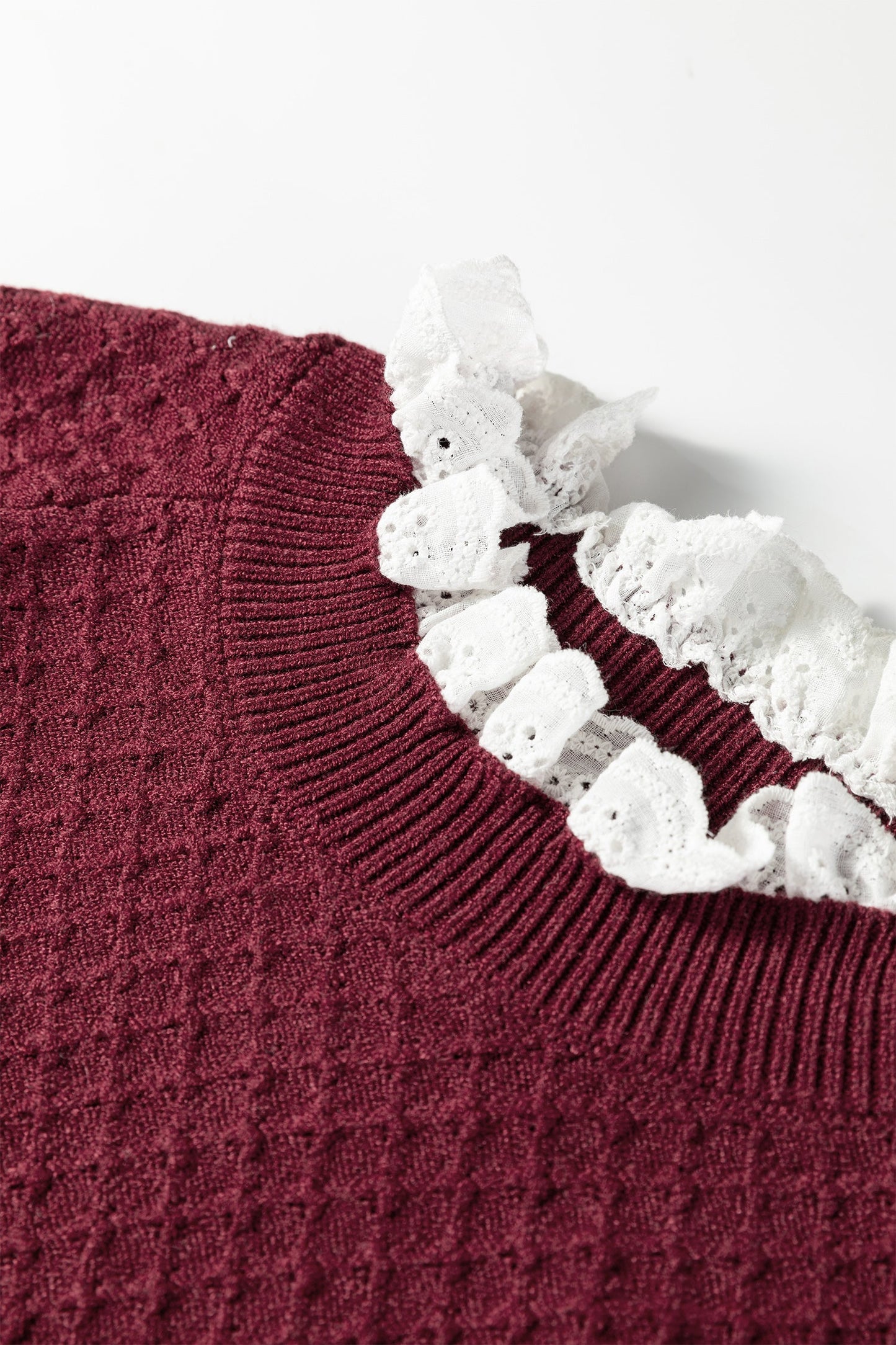 Burgundy Contrast Lace Frilled Trim Raglan Sleeve Sweater