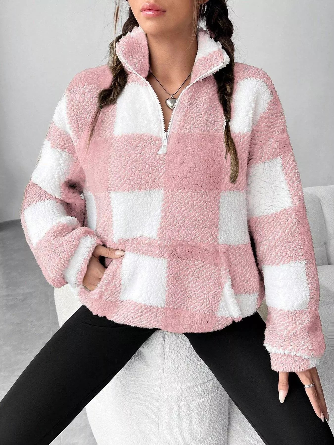 Full Size Plaid Sherpa Long Sleeve Sweatshirt Plus Size