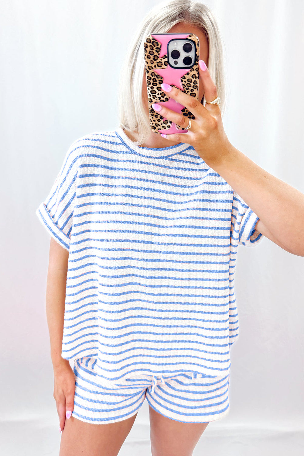 Pink Striped Print Short Sleeve Top and Pocket Shorts Set