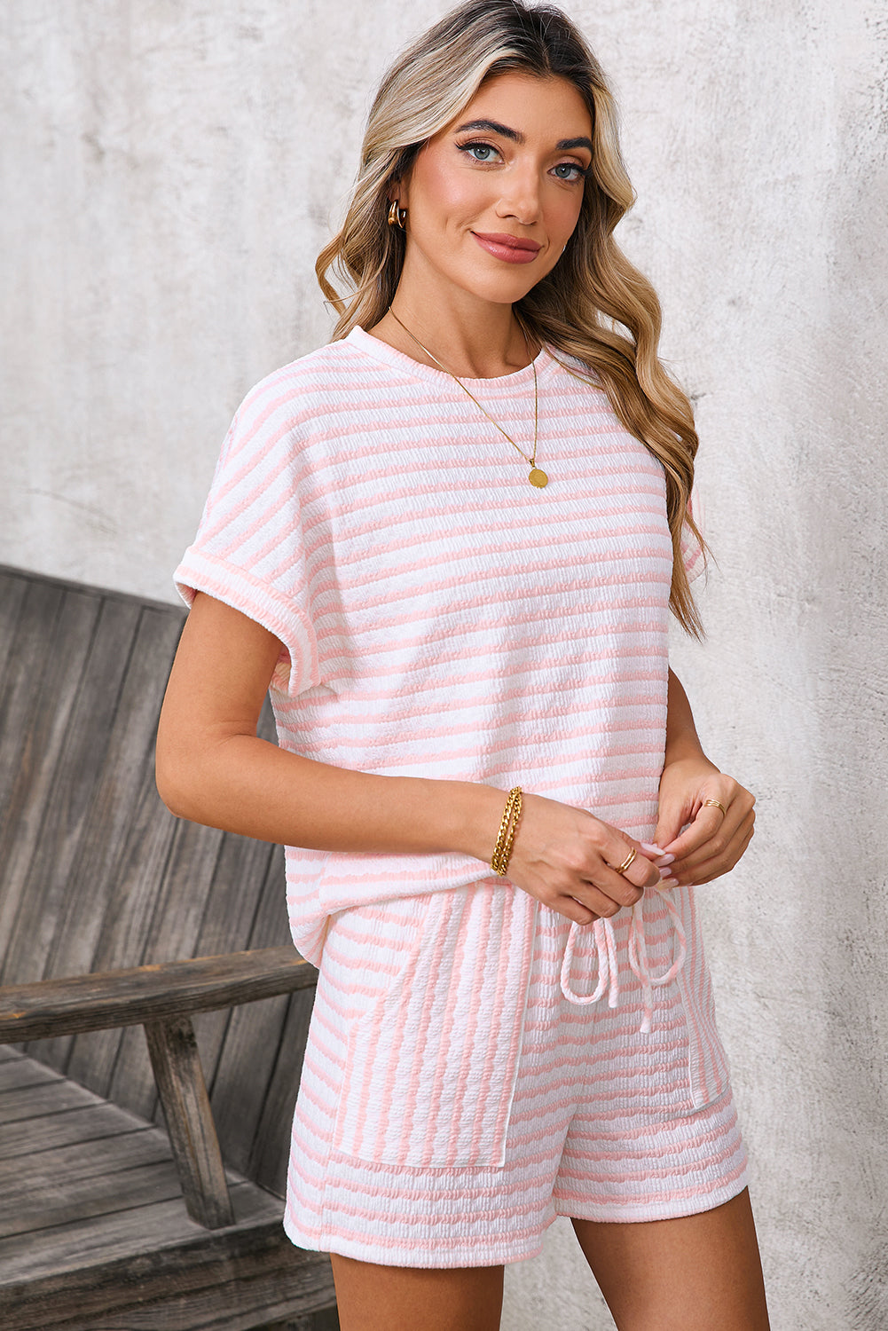 Pink Striped Print Short Sleeve Top and Pocket Shorts Set