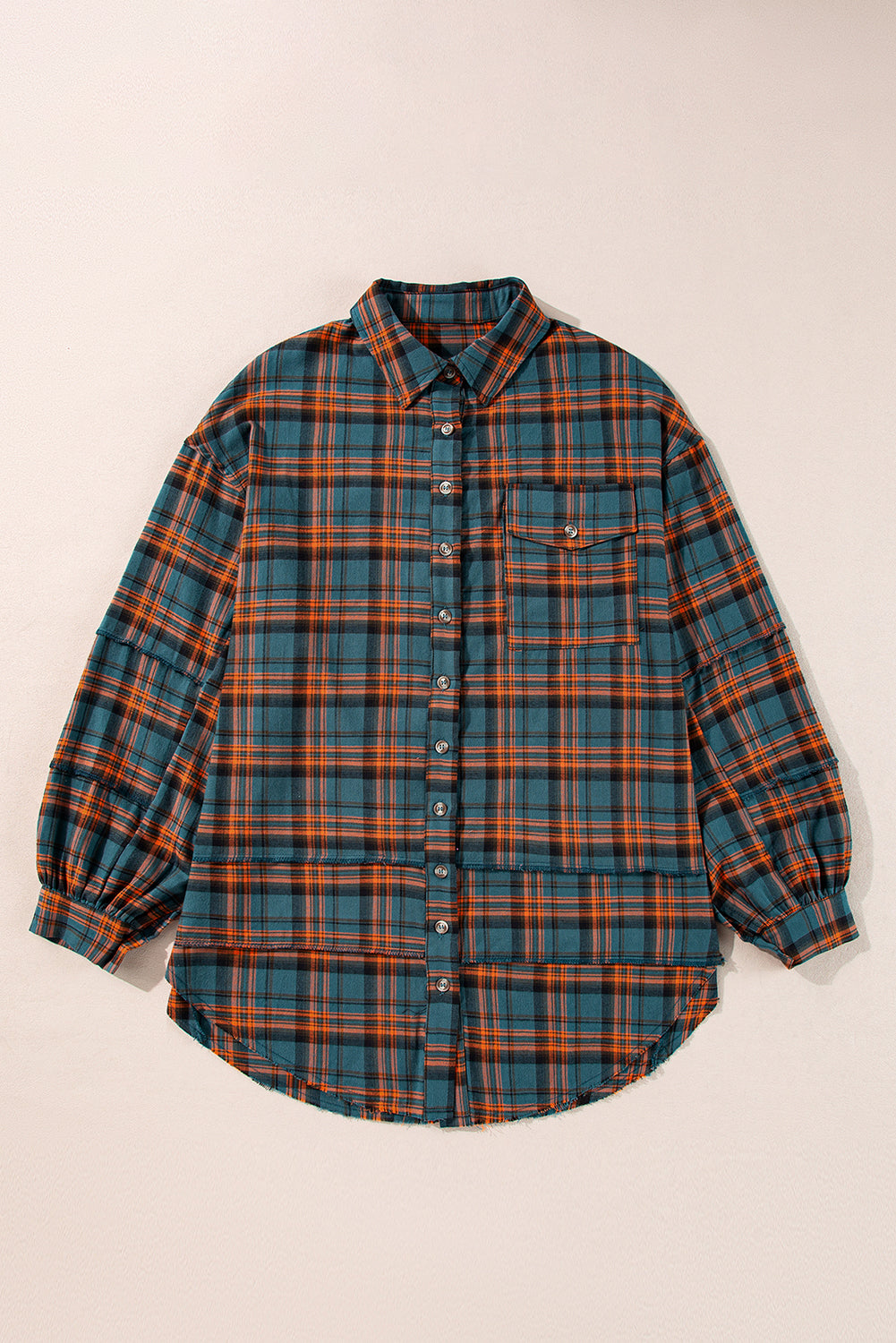Red Plaid Long Sleeve Distressed Hem Shirt Shacket