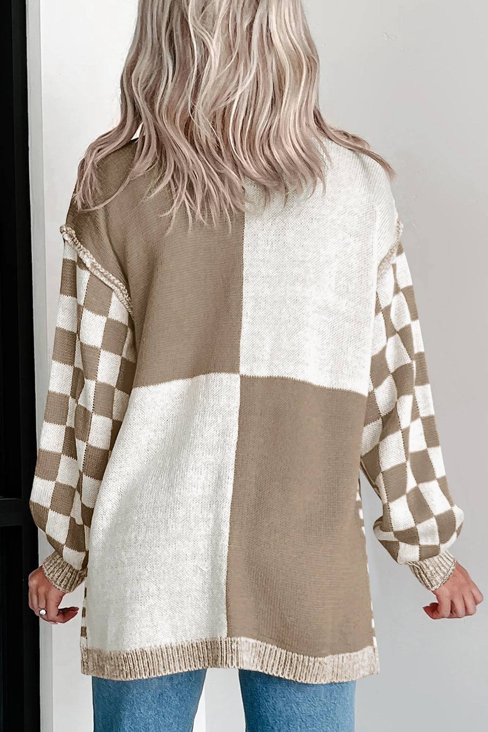 Brown Checkered Open Front Drop Shoulder Cardigan