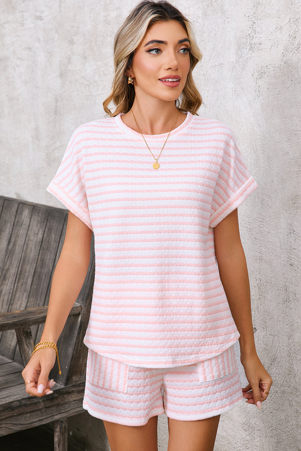 Pink Striped Print Short Sleeve Top and Pocket Shorts Set