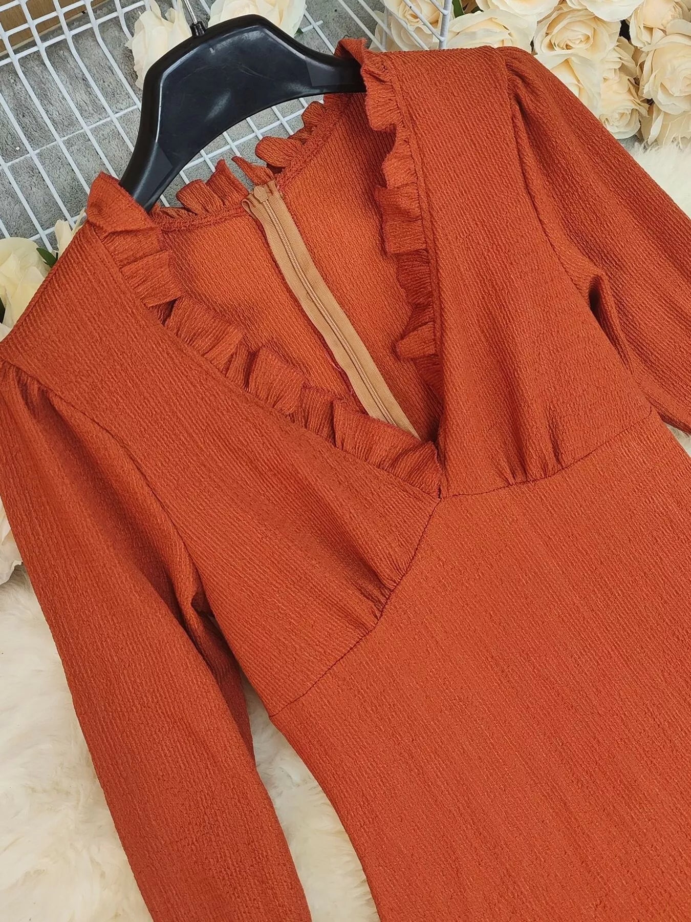 Ruffled High-Low Long Sleeve Dress