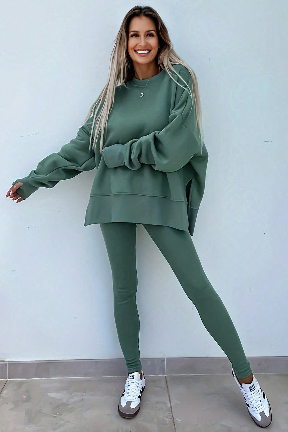Orchid Mist Solid Color Oversized Slit Sweatshirt Ribbed Leggings Set