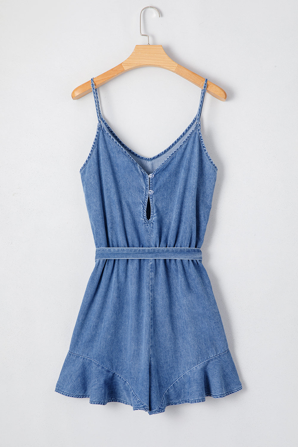 Ashleigh Blue Spaghetti Straps V Neck Belted Ruffled Leg Chambray Romper