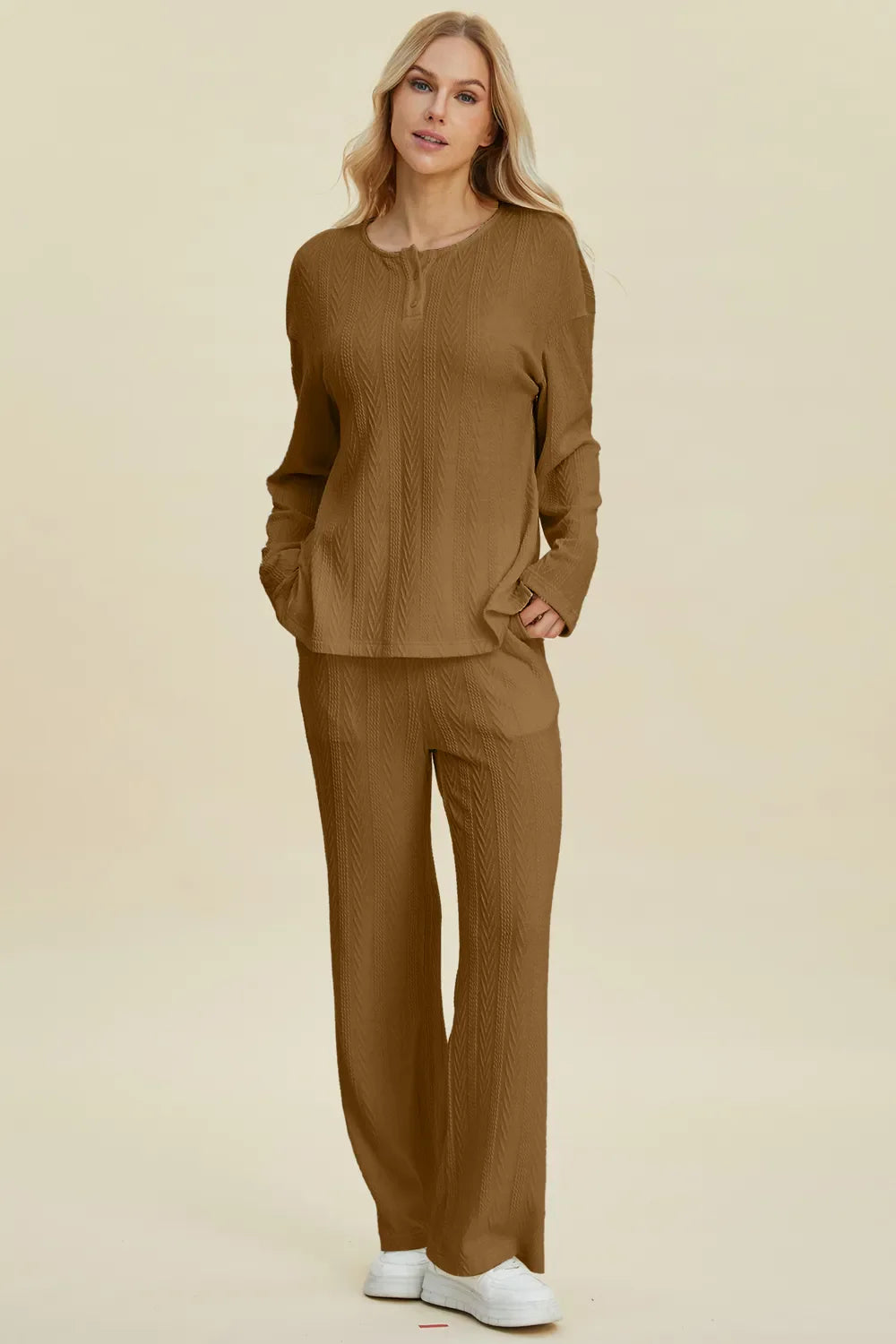 Double Take Full Size Cable-Knit Long Sleeve Top and Pants Set