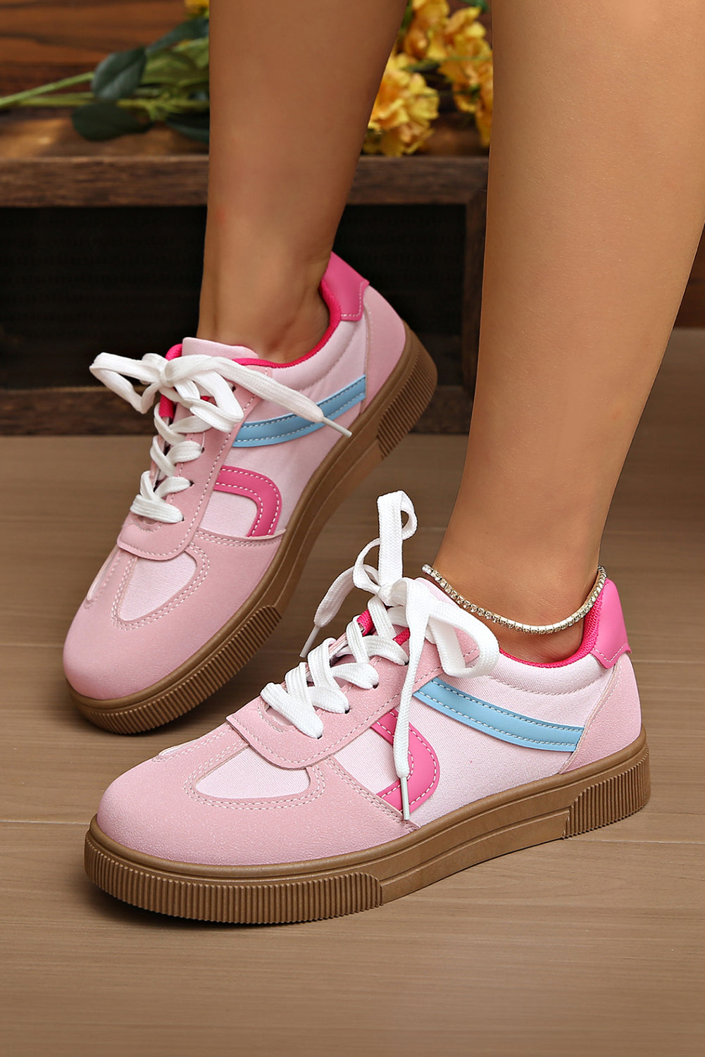 Pink Striped Patchwork Lace Up Sneakers