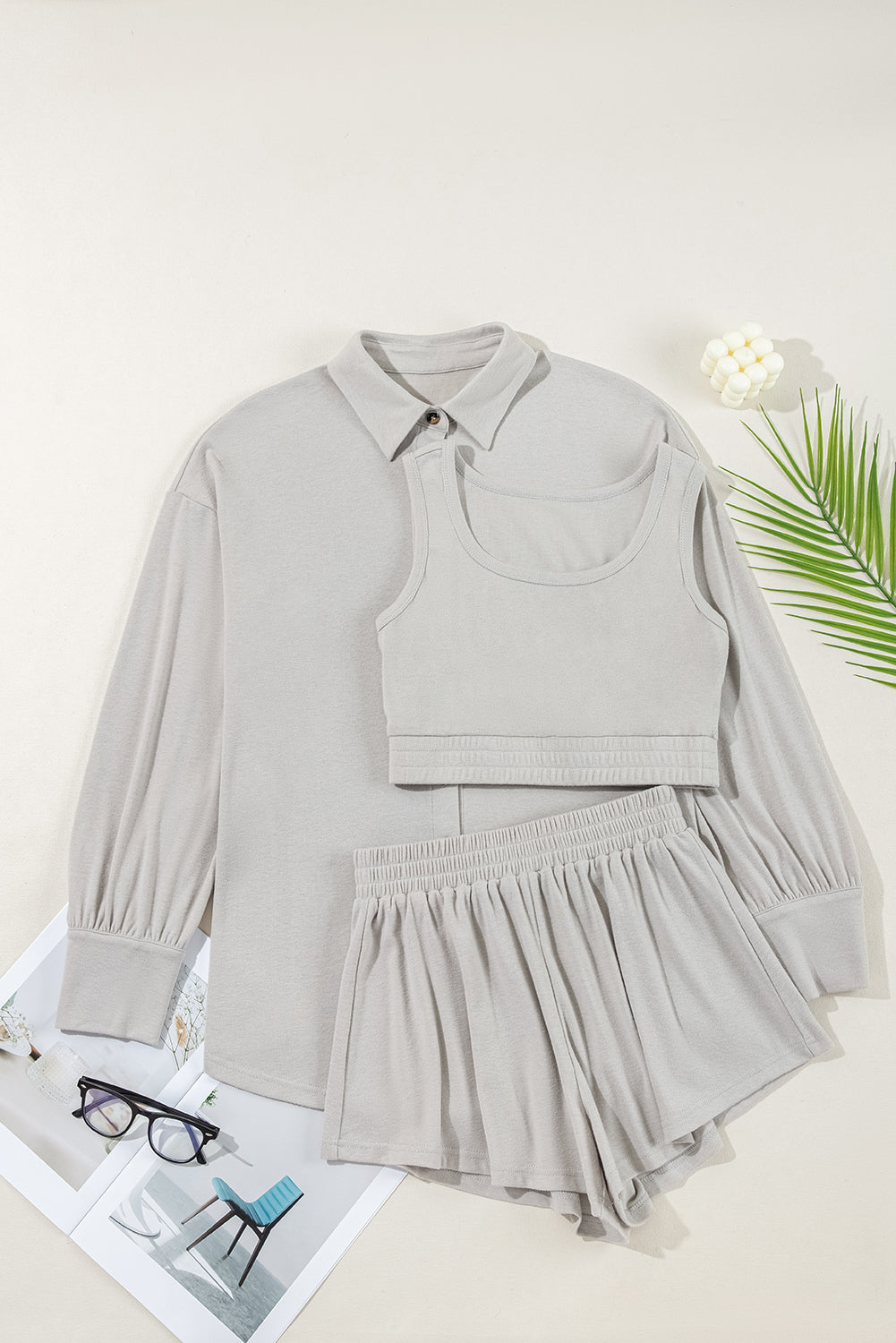 Gray 3 Pcs Crop Tank Top Shorts with Cardigan Lounge Set