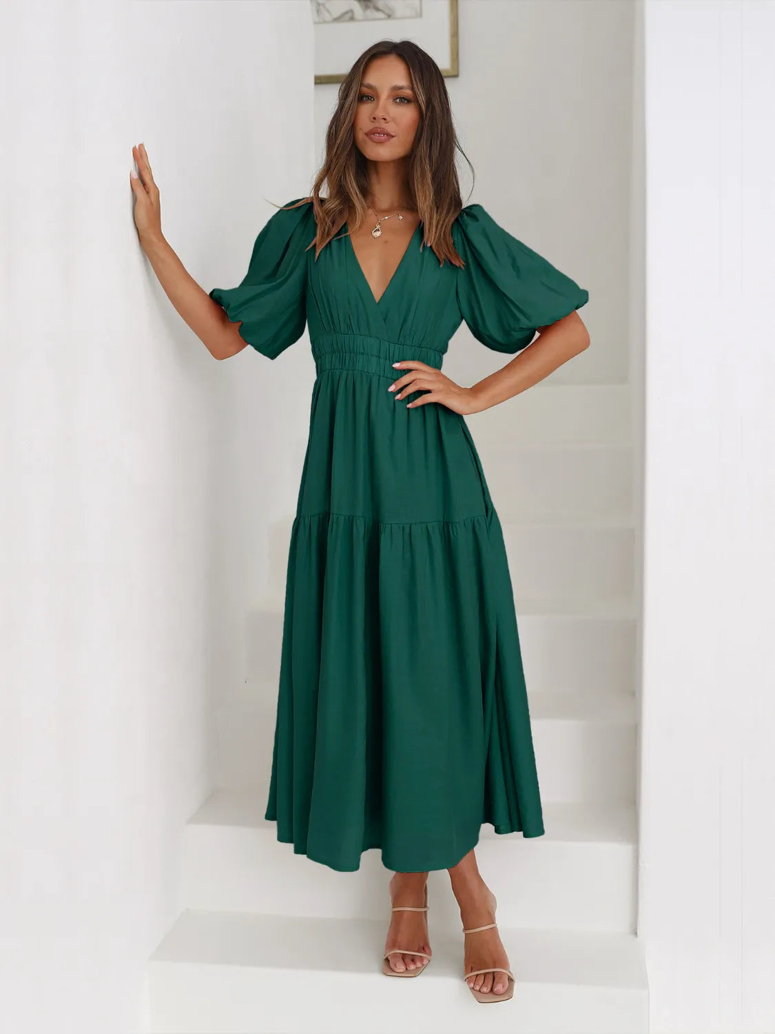 Tiered Surplice Half Sleeve Midi Dress