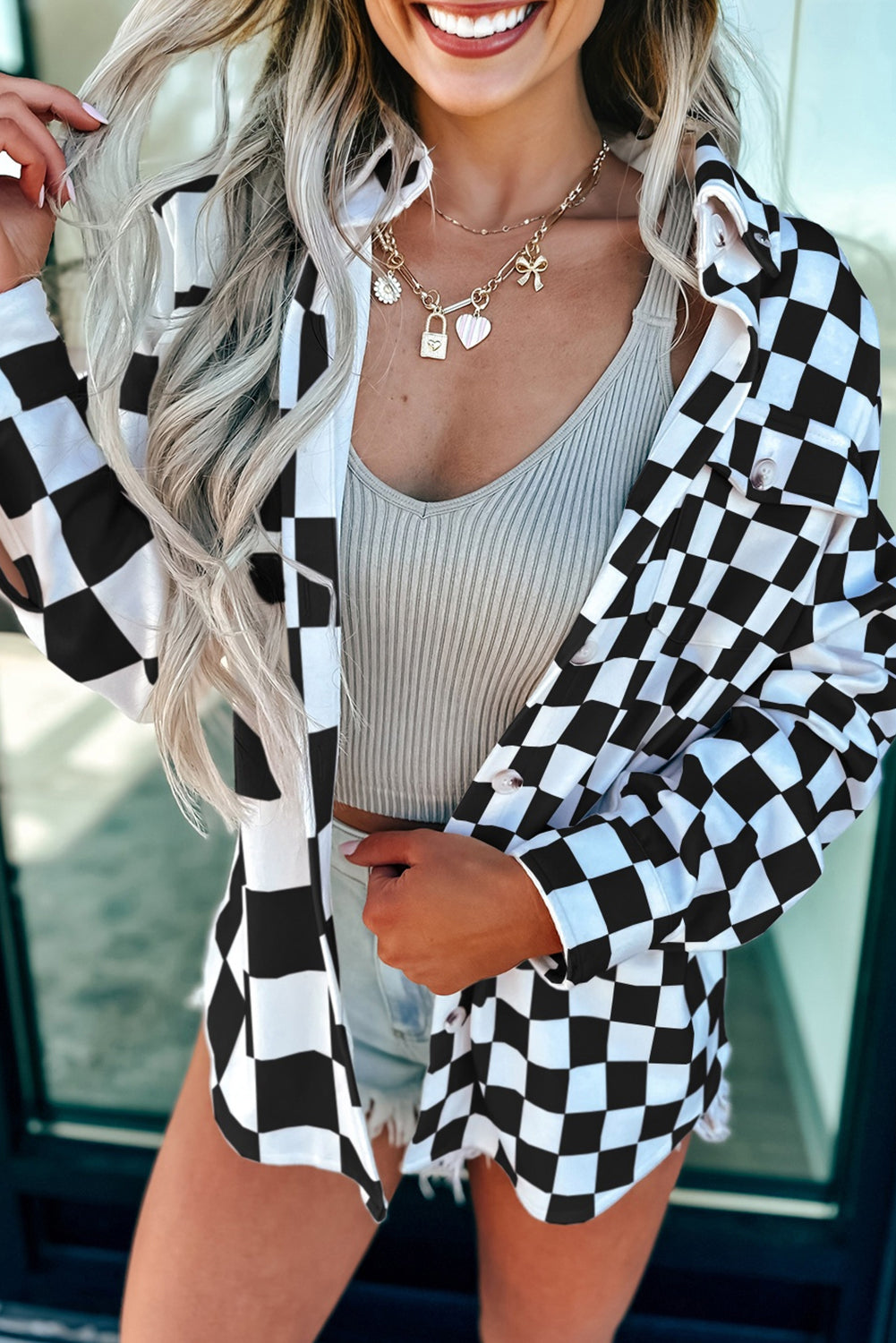 Black Checkerboard Flap Pocket Button Front Shacket