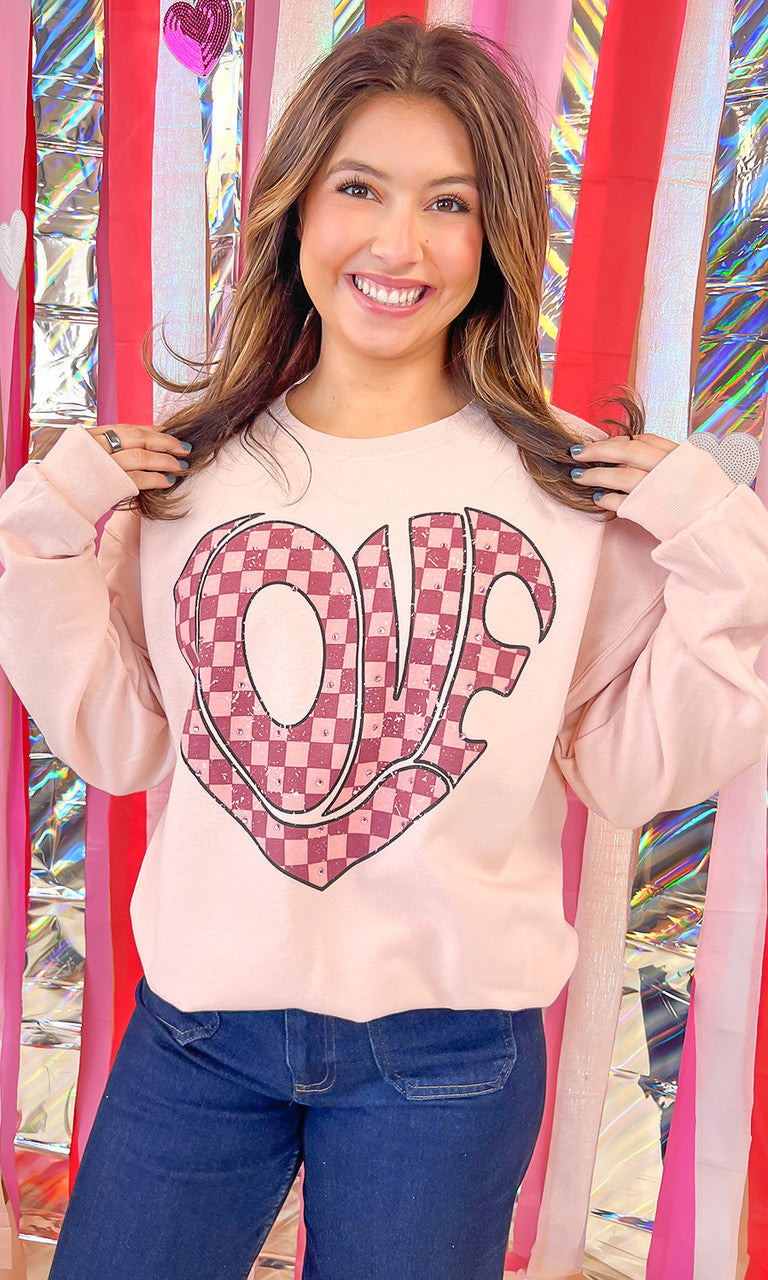 Love Checkered Heart Rhinestone Graphic Sweatshirt