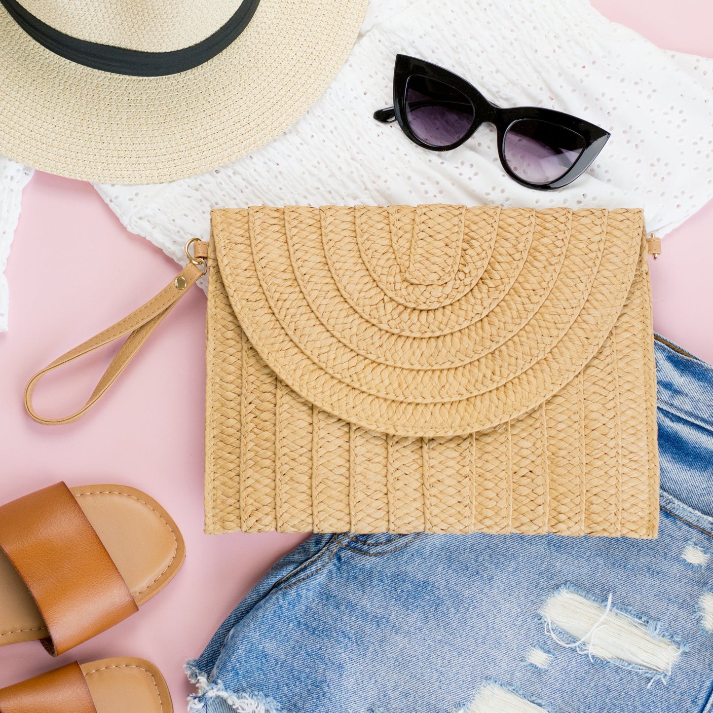 Straw Foldover Convertible Clutch