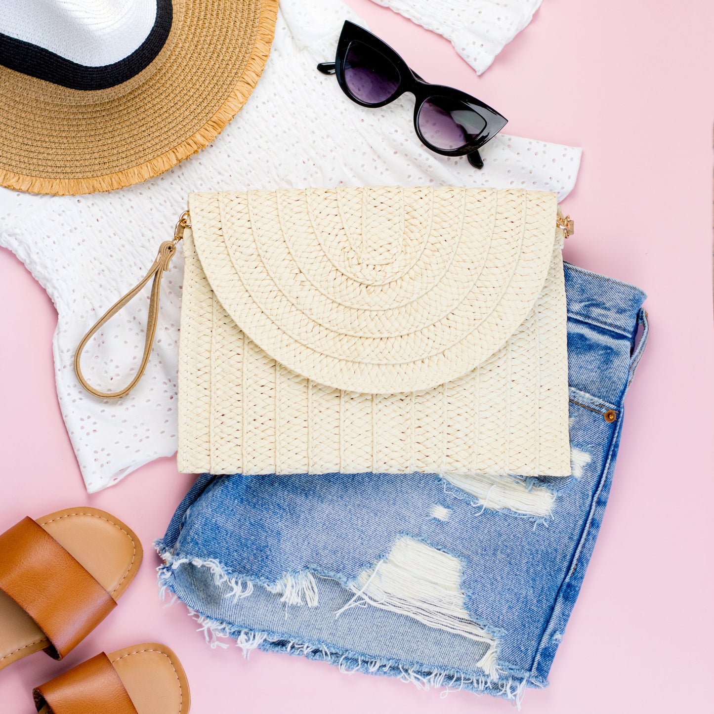 Straw Foldover Convertible Clutch