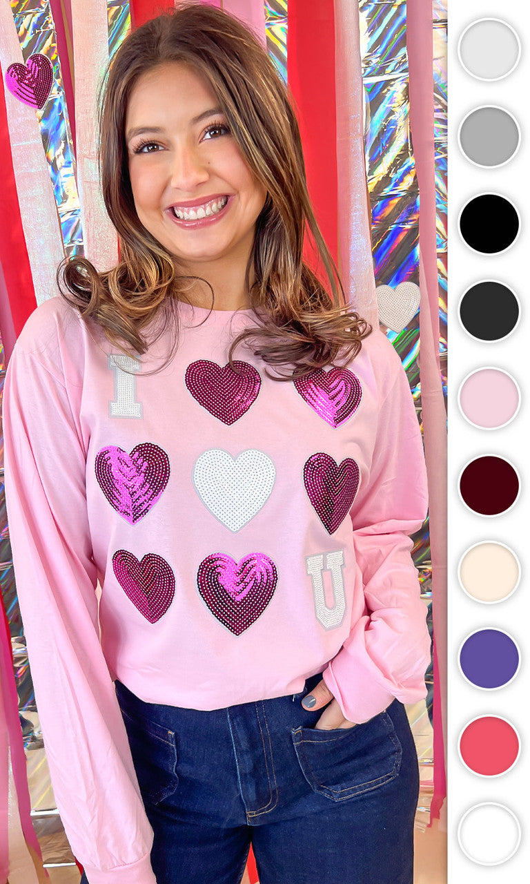 I Love You Sequin Valentine Heart Graphic Long Sleeve T-Shirt