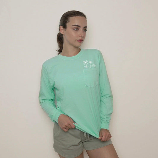 Palm Tree Beach Vacation Pocket Comfort Colors Long Sleeve Shirt