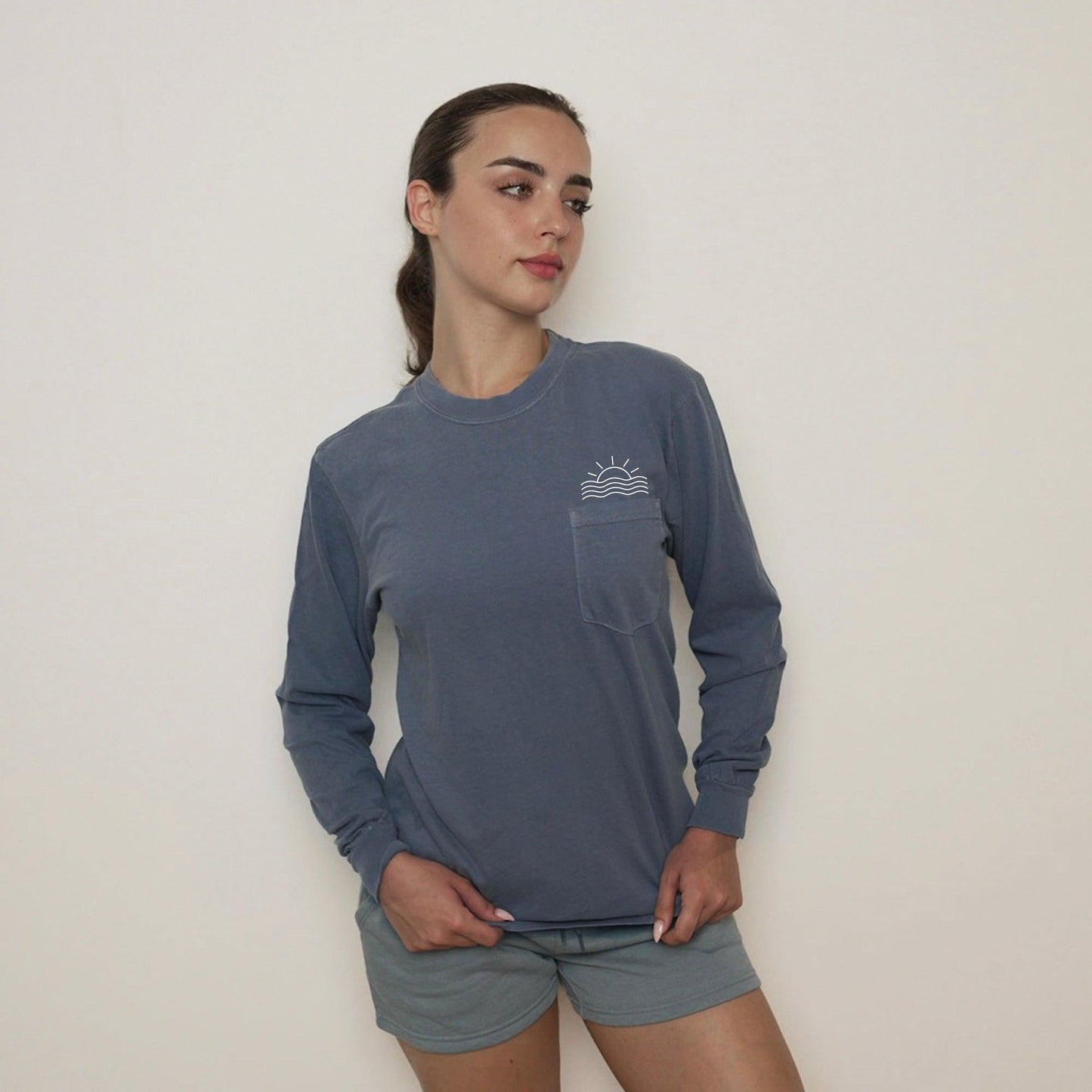 Sun & Wave Lake Beach Vacation Pocket Comfort Colors Long Sleeve Shirt