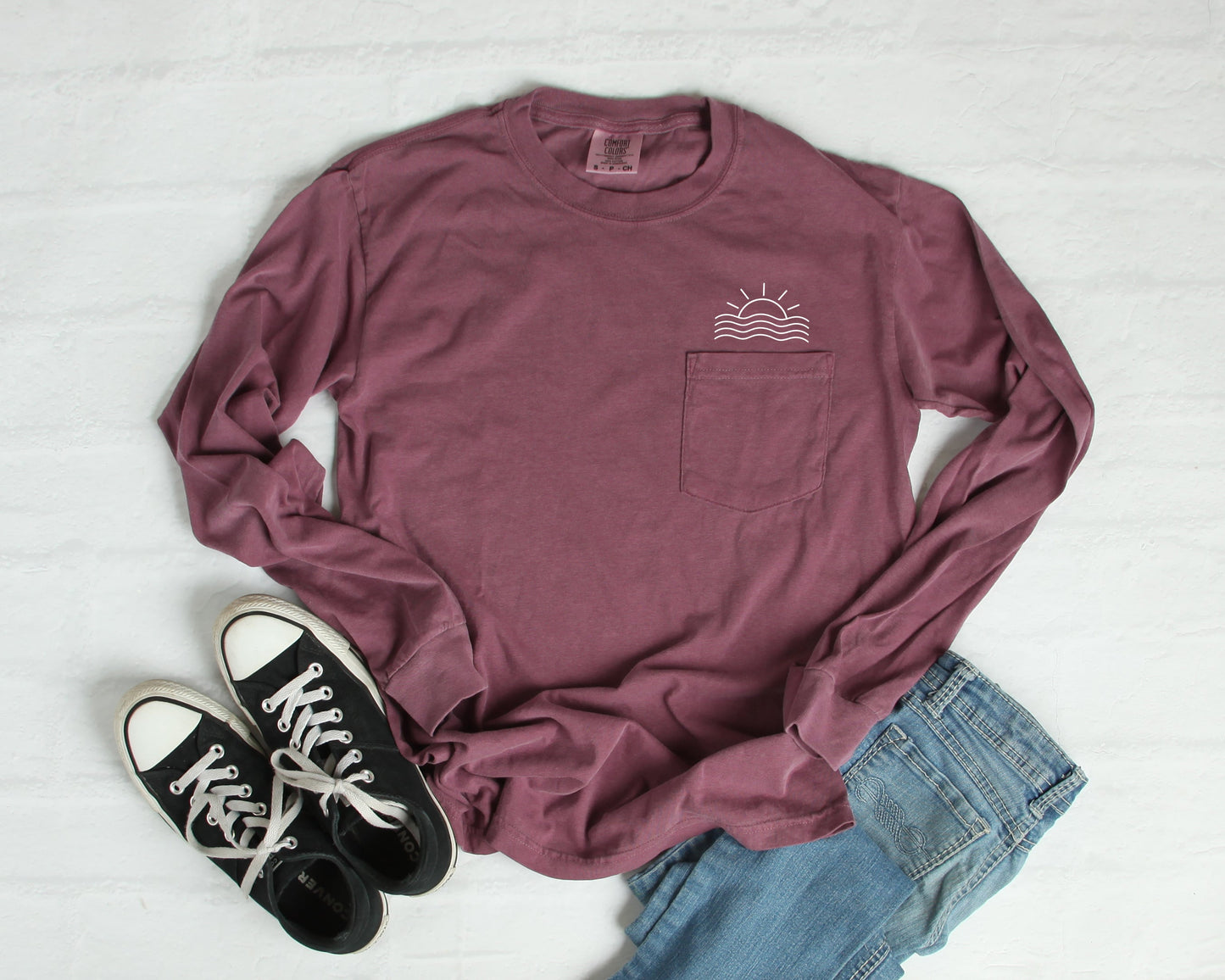 Sun & Wave Lake Beach Vacation Pocket Comfort Colors Long Sleeve Shirt