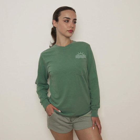 Sun & Wave Lake Beach Vacation Pocket Comfort Colors Long Sleeve Shirt