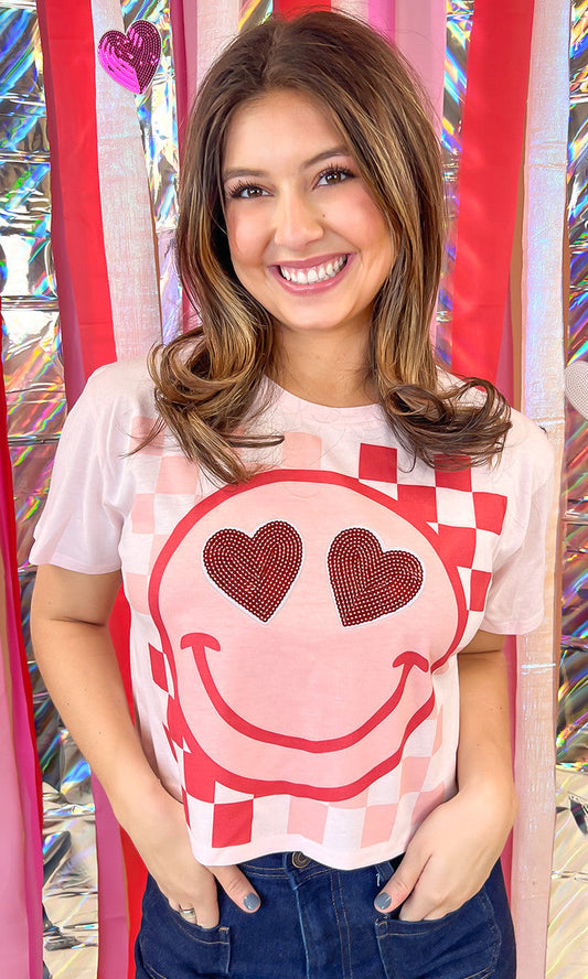 Valentine Sequin Smiley Graphic Crop Top T-Shirt