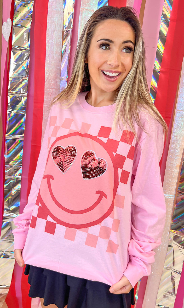 Valentine Sequin Smiley Graphic Long Sleeve T-Shirt
