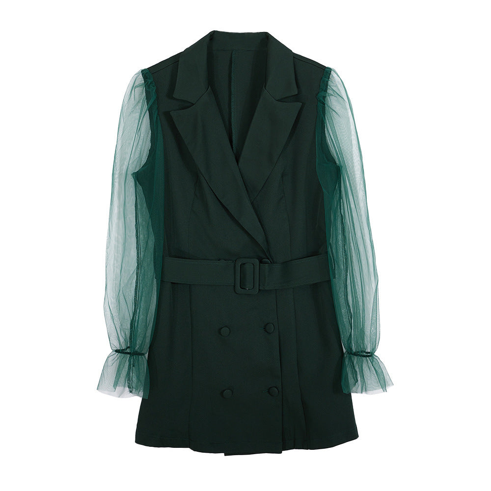 Bubblegum Boss Blazer Dress - Timeless Sophistication With Lantern Sleeve And Smooth Polyester