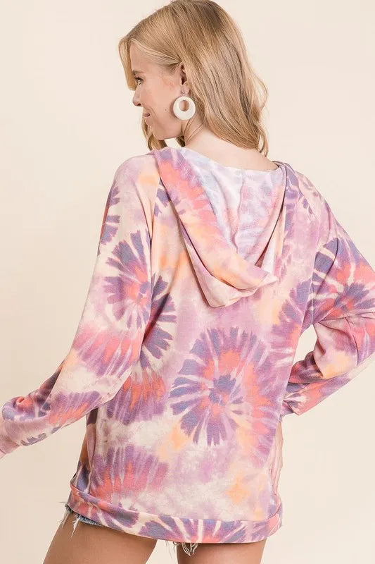 BiBi Circular Tie Dye Print Terry Hoodie with Kangaroo