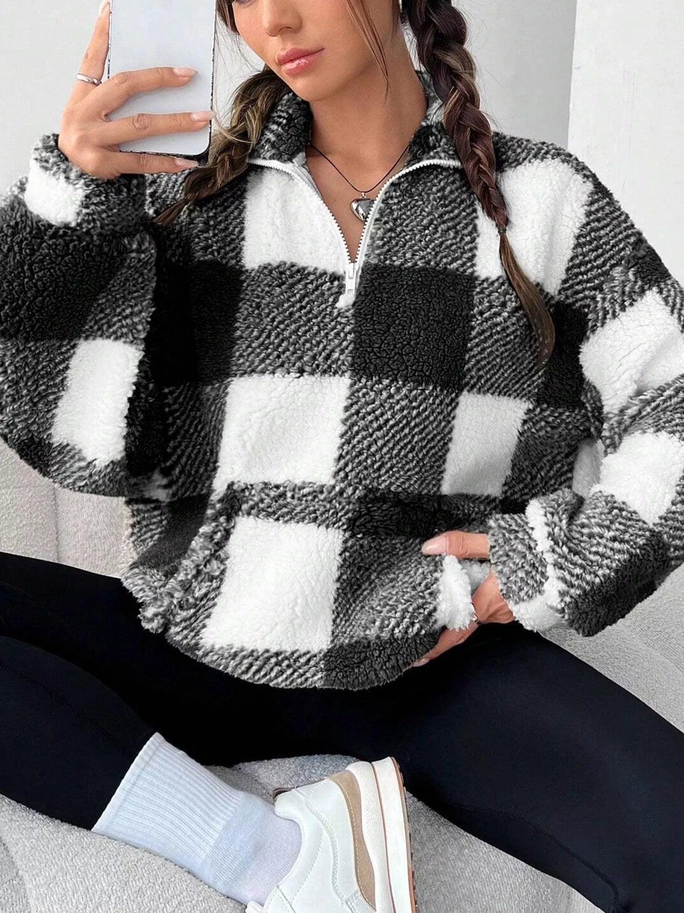 Full Size Plaid Sherpa Long Sleeve Sweatshirt Plus Size
