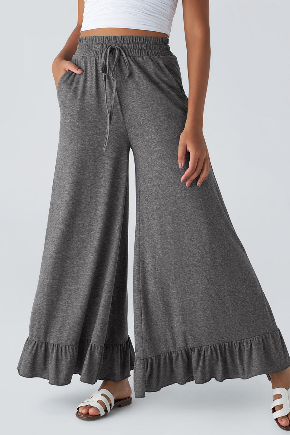 Dune Solid Color Ruffle Hem Wide Leg Pants