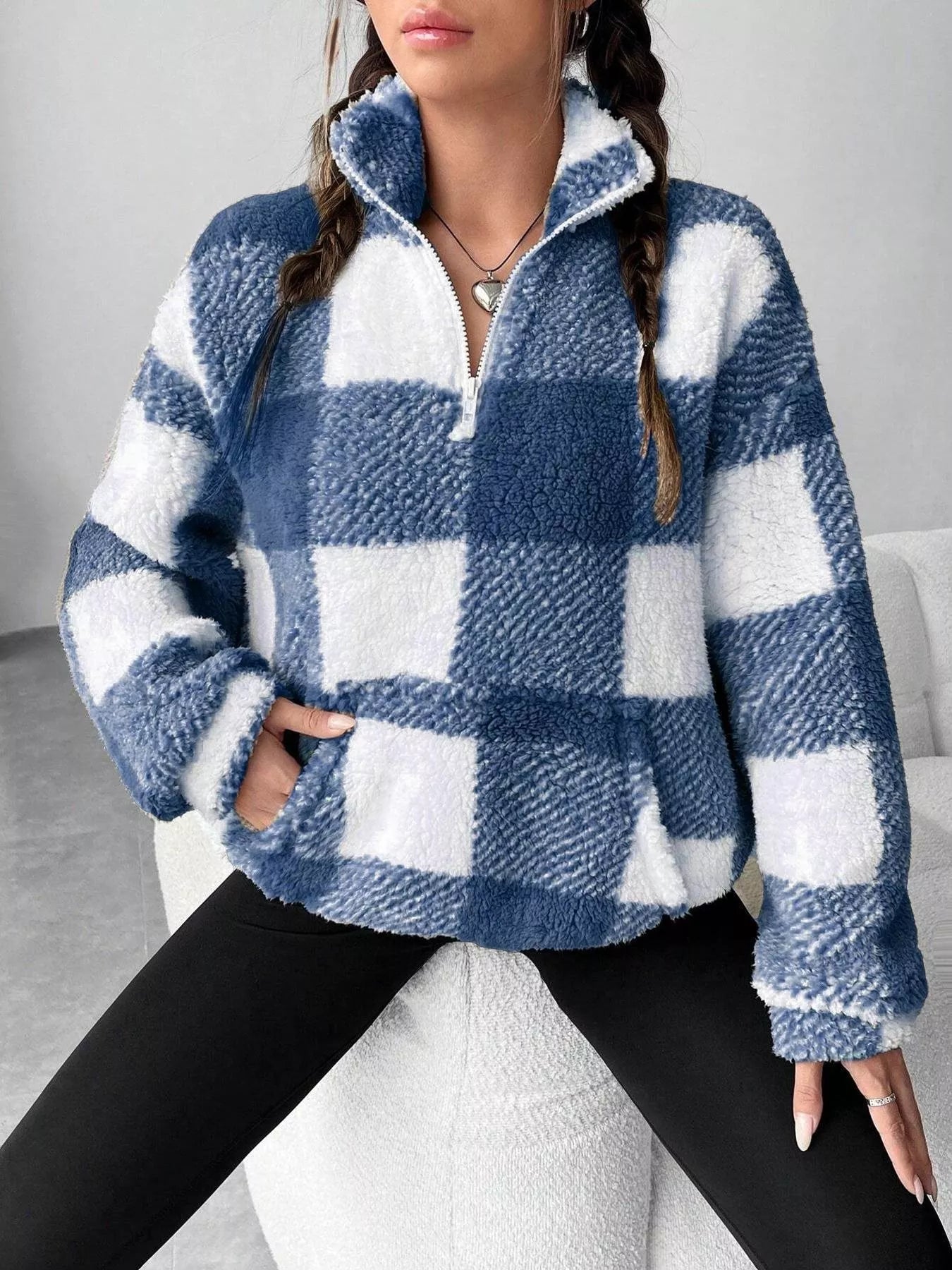 Full Size Plaid Sherpa Long Sleeve Sweatshirt Plus Size